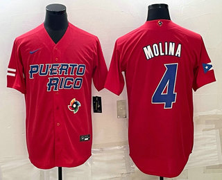 Mens Puerto Rico Baseball #4 Yadier Molina 2023 Red World Baseball Classic Stitched Jersey